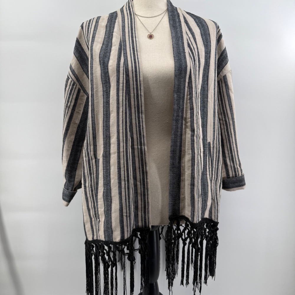 Zara Basic Women Medium Striped Open Front Fringe Cardigan Kimono Jacket Neutral